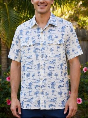 croft & barrow White Blue Palm Trees Beach Print Button-Down Shirt Quick Dry
